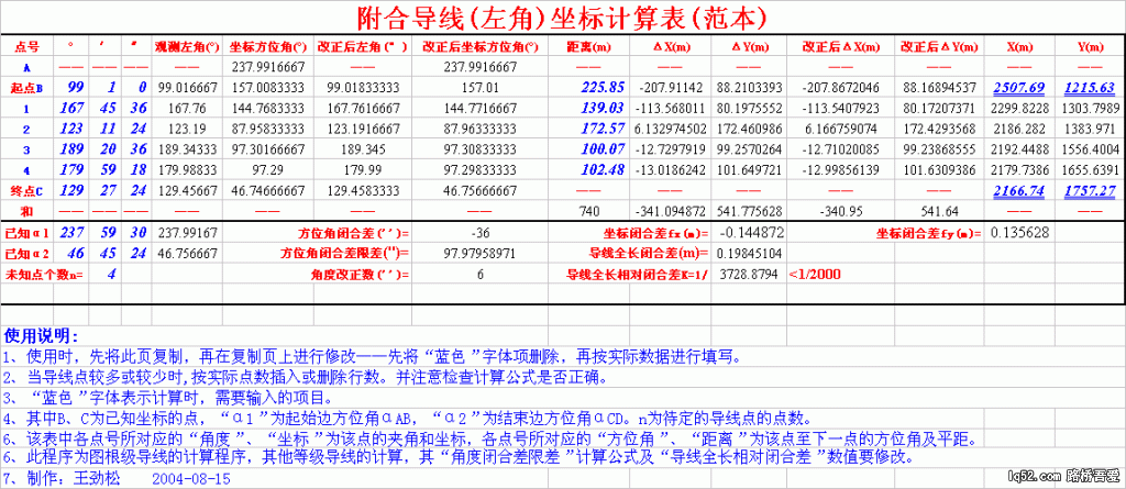 左转角附合导线坐标计算.gif