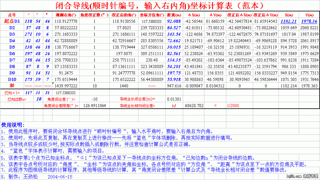 右内角闭合导线坐标计算.gif